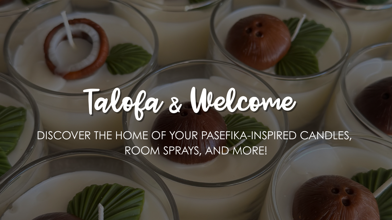 Candles with decorative elements and text overlay 'Talofa & Welcome' on a dark background